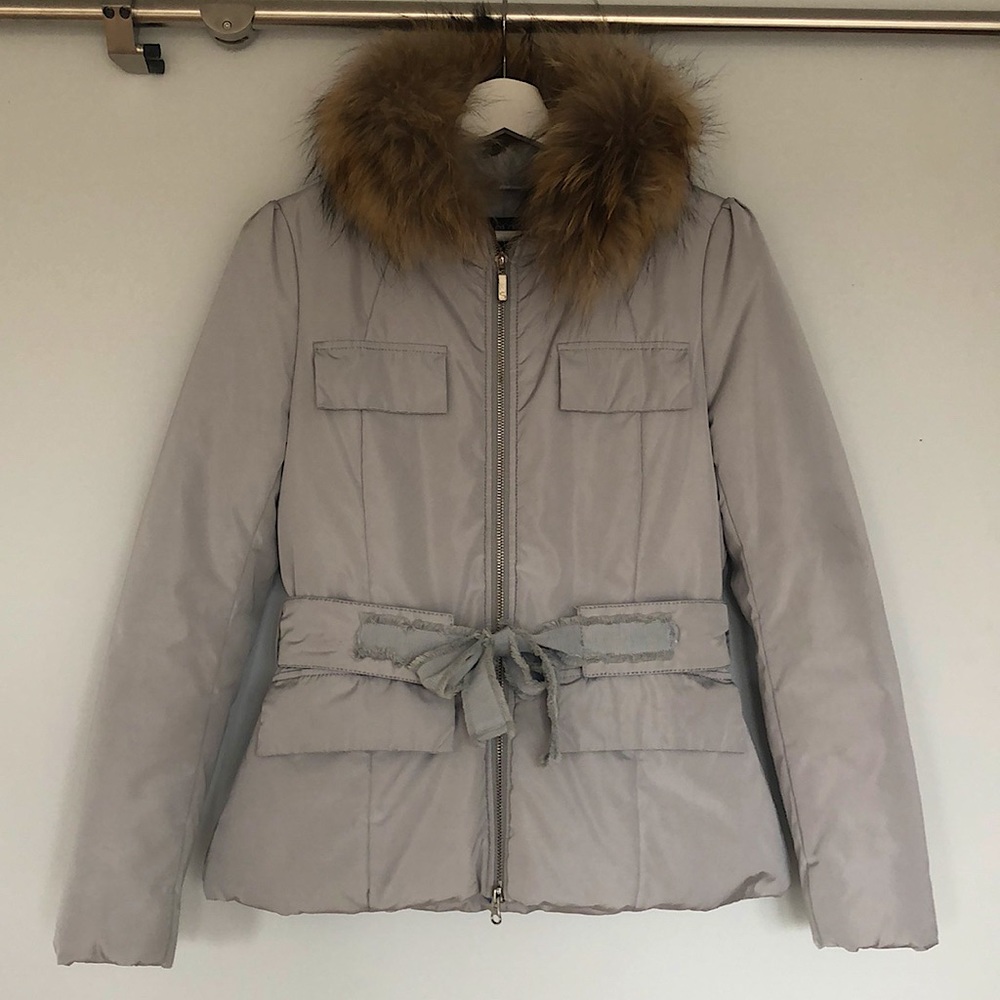 Down filled  winter jacket with belt and real fur collar , size small